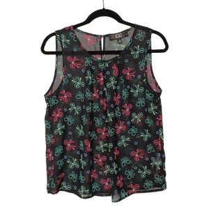 1010 Vibrant Colorful Rainbow Bow Dot Print Semi Sheer Sleeveless Black Top M